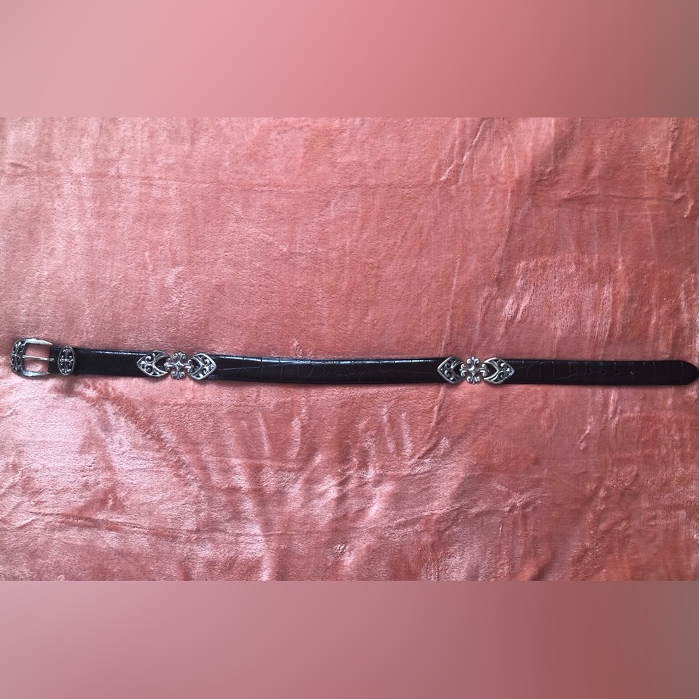 Vintage Brighton Black Croc Leather Belt M 44203 Beat Up Silver Crosses USA